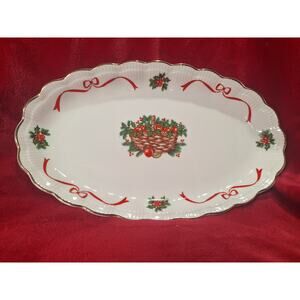 Walbrzych Holiday Ribbon Oval Serving Platter Christmas Basket Porcelain- Nice!